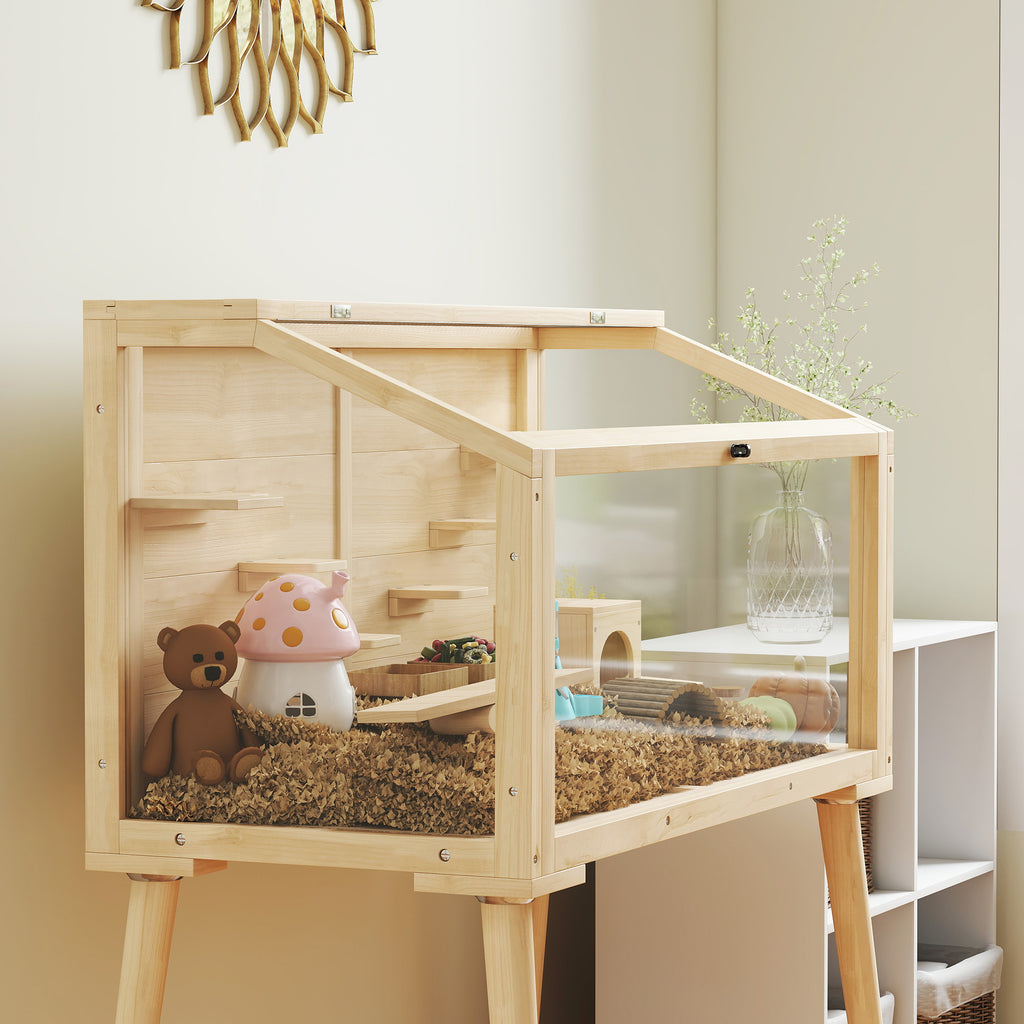Hamster cage, rodent habitat, wood, hinged roof, 7 platforms, 2 swings, 110x52x101cm, natural wood effect