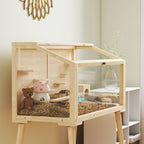 Hamster cage, rodent habitat, wood, hinged roof, 7 platforms, 2 swings, 110x52x101cm, natural wood effect
