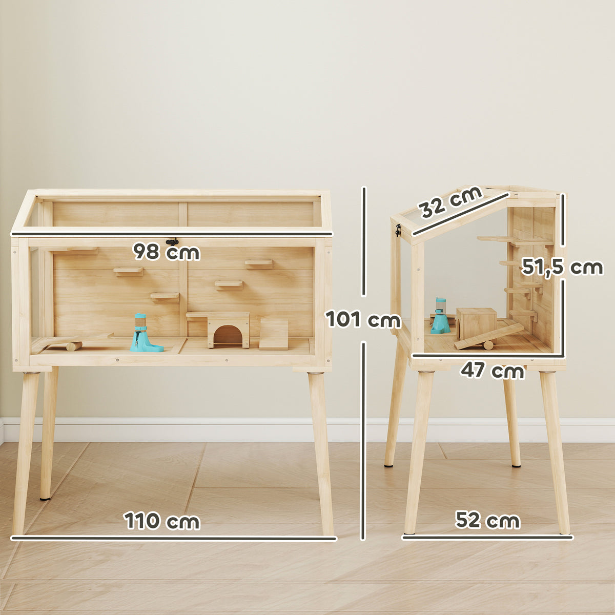 Hamster cage, rodent habitat, wood, hinged roof, 7 platforms, 2 swings, 110x52x101cm, natural wood effect
