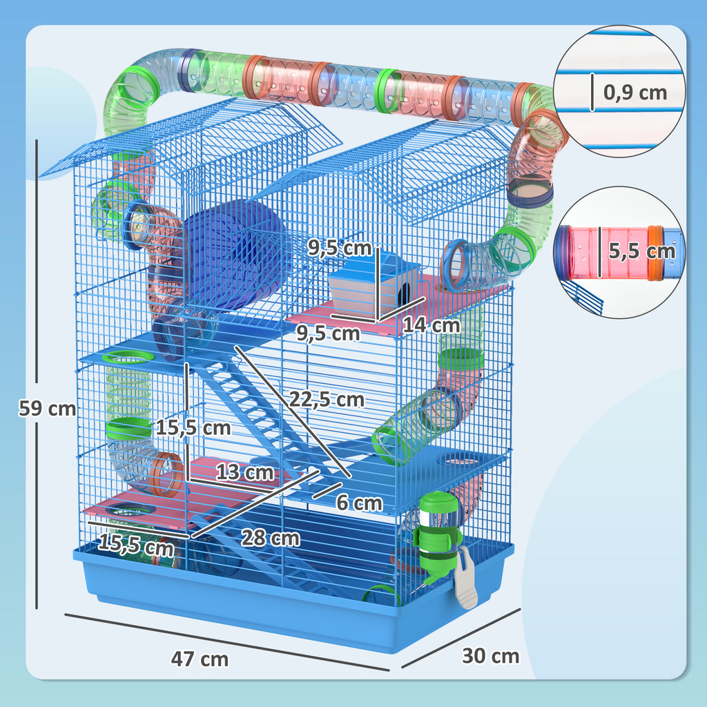 Cage for Hamsters, Mice, Small Animals, Rodents with Tunnel, Feeder, Wheel, and Toy, 47 x 30 x 59 cm, Blue