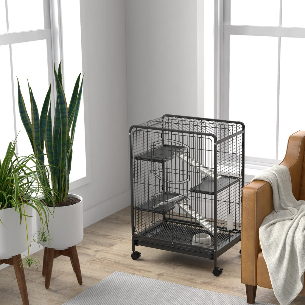 Rolling rodent cage, small animal cage with 3 ramps, 3 platforms, tray and water bottle, removable bottom tray, for rabbits, mink, chinchillas, steel, PP, 61.5x44x95cm, black
