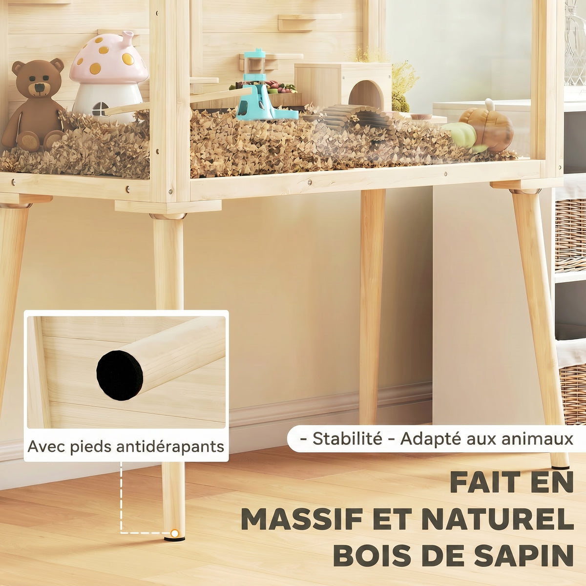 Hamster cage, rodent habitat, wood, hinged roof, 7 platforms, 2 swings, 110x52x101cm, natural wood effect