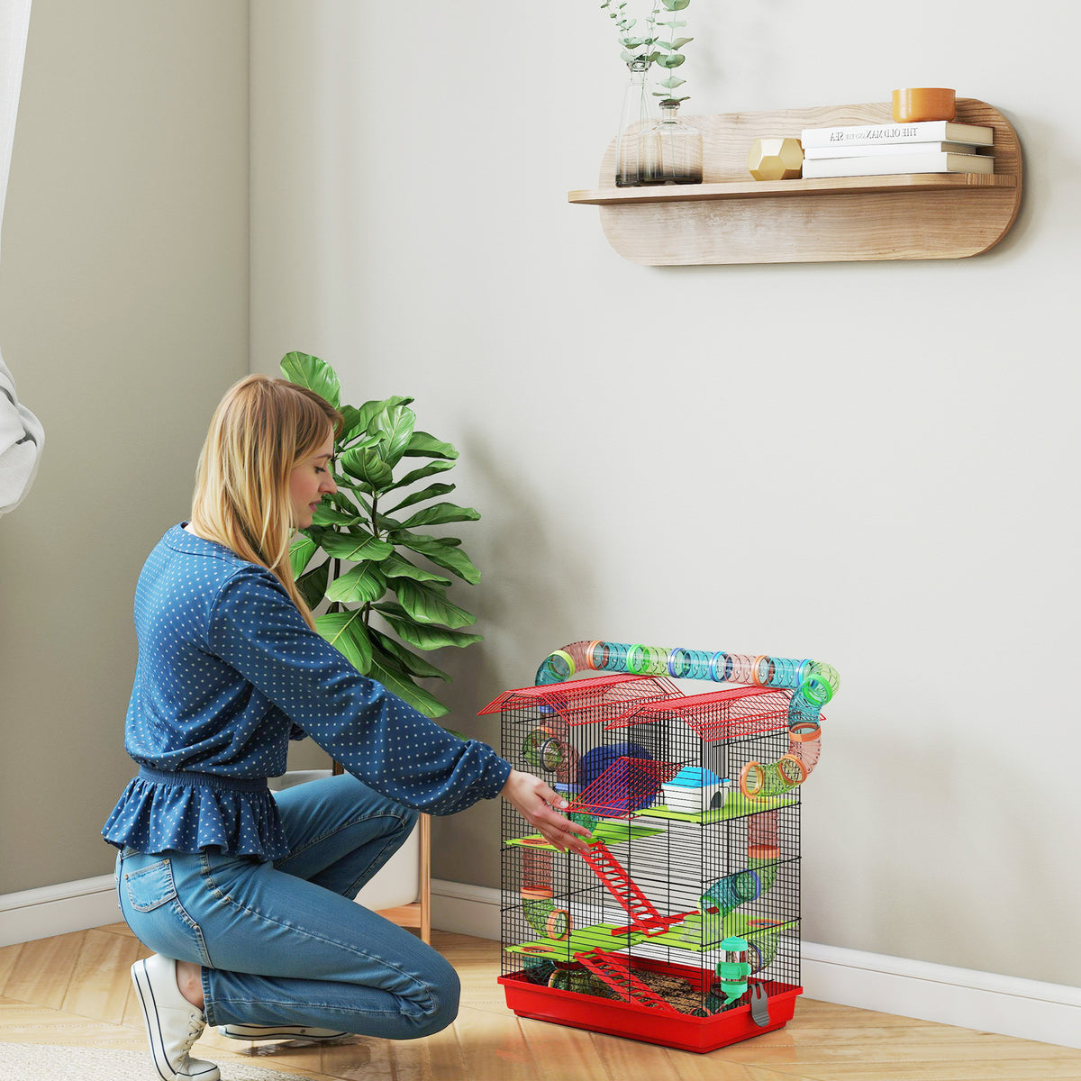 Cage for hamsters, mice, and small rodents with tunnel, feeder, wheel, and toy, 47 x 30 x 59 cm, red