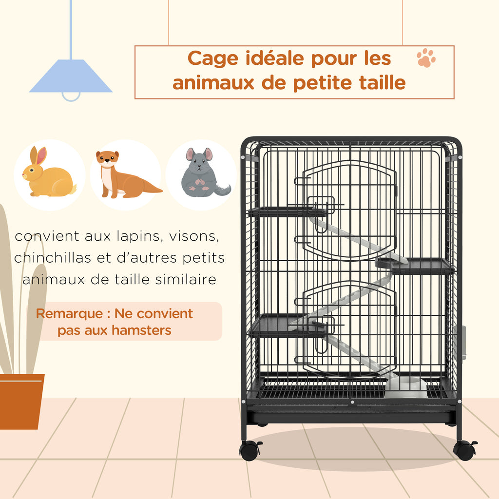 Rolling rodent cage, small animal cage with 3 ramps, 3 platforms, tray and water bottle, removable bottom tray, for rabbits, mink, chinchillas, steel, PP, 61.5x44x95cm, black