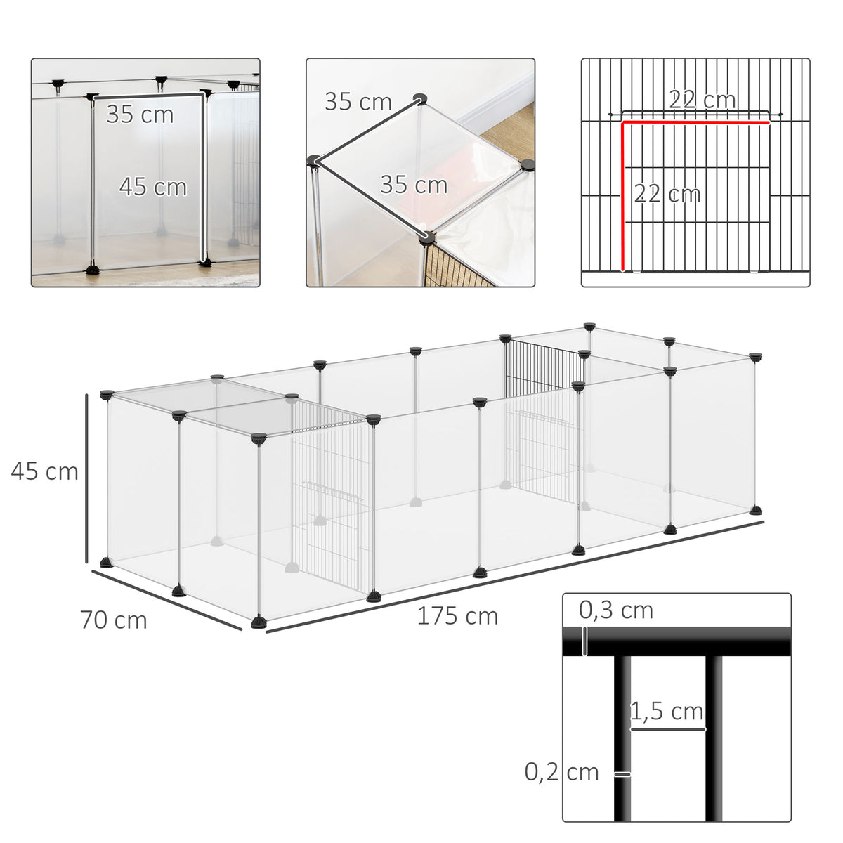 Set of 2 modular playpens for small animals, 40 panels, for rabbits, hamsters, puppies, pigs, 175 x 70 x 45 cm, white