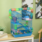 Cage for Hamsters, Mice, Small Animals, Rodents with Tunnel, Feeder, Wheel, and Toy, 47 x 30 x 59 cm, Blue