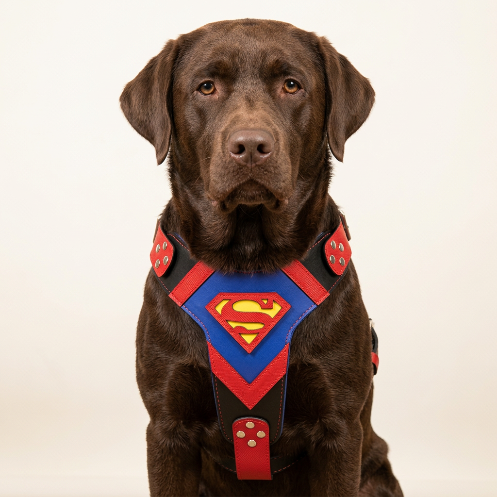 AI-generated image of a chocolate Labrador wearing the blue and red Superdog harness