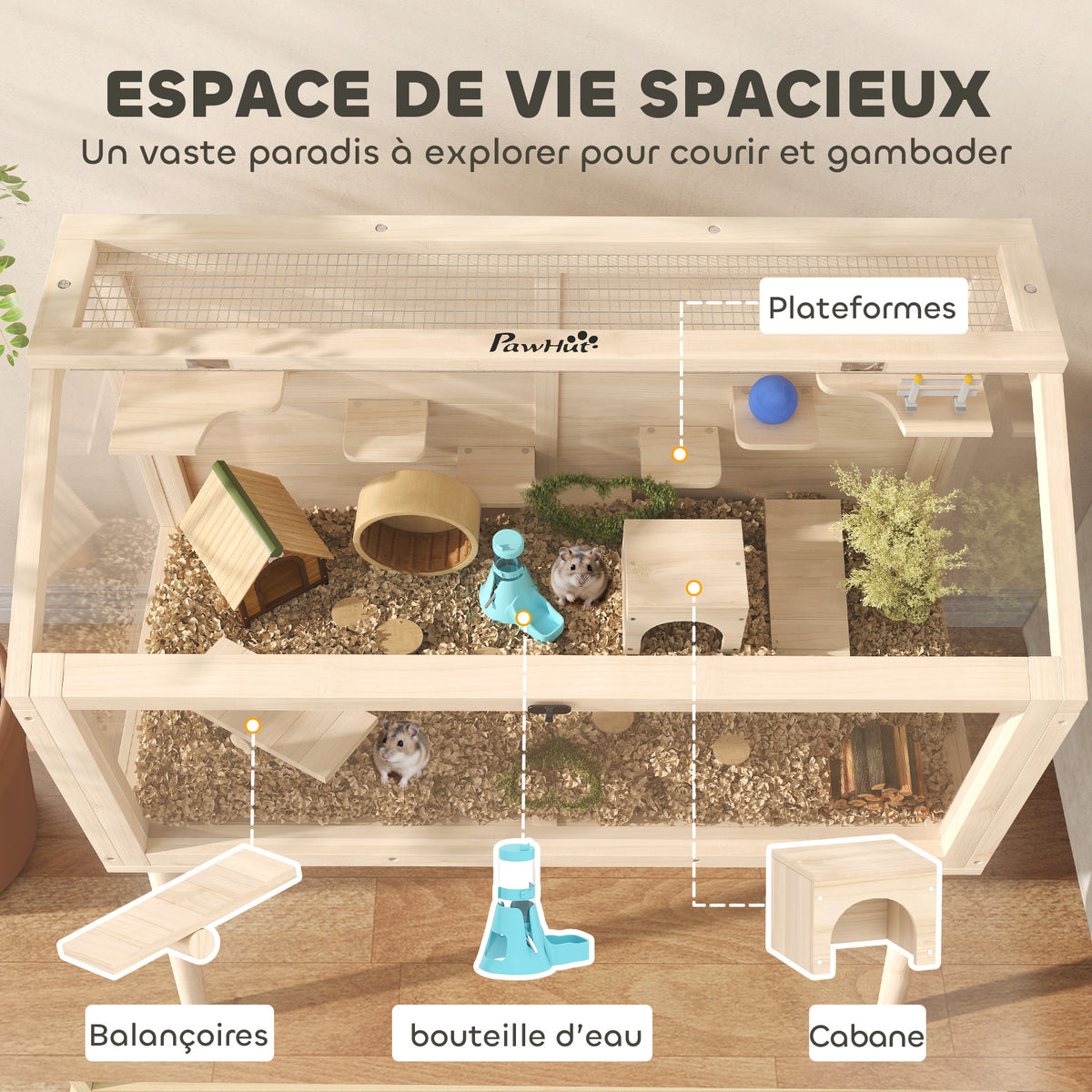 Hamster cage, rodent habitat, wood, hinged roof, 7 platforms, 2 swings, 110x52x101cm, natural wood effect
