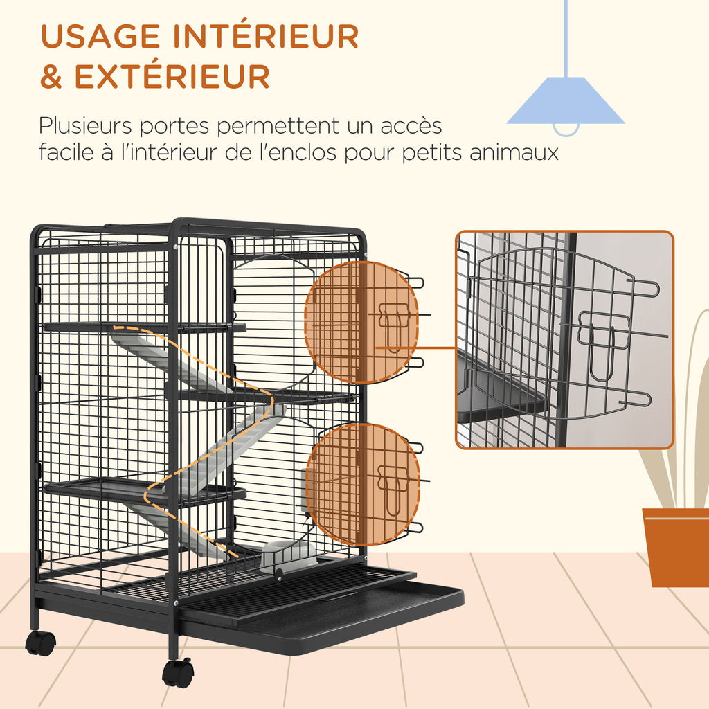 Rolling rodent cage, small animal cage with 3 ramps, 3 platforms, tray and water bottle, removable bottom tray, for rabbits, mink, chinchillas, steel, PP, 61.5x44x95cm, black