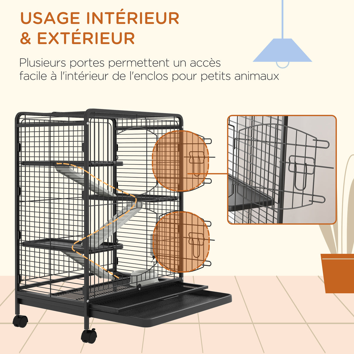 Rolling rodent cage, small animal cage with 3 ramps, 3 platforms, tray and water bottle, removable bottom tray, for rabbits, mink, chinchillas, steel, PP, 61.5x44x95cm, black