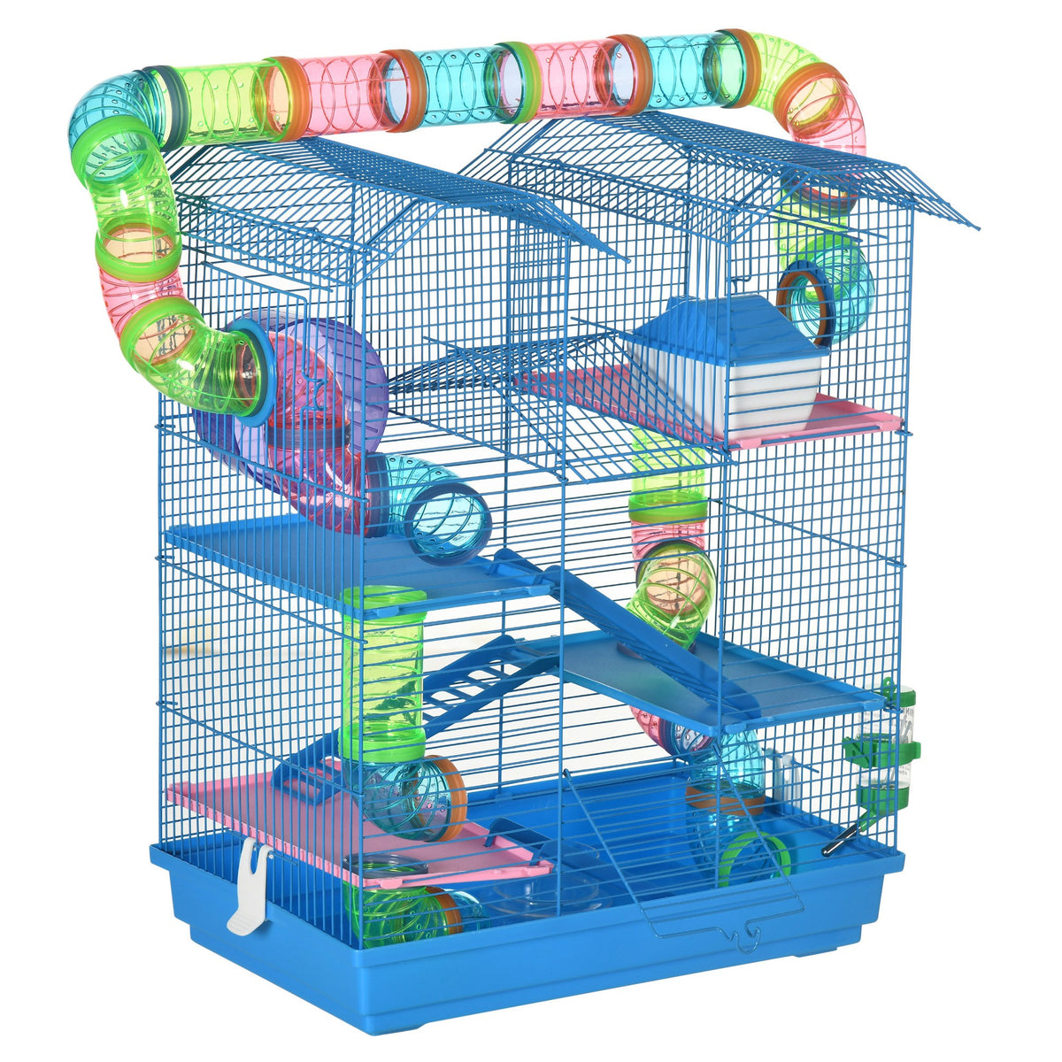 Cage for Hamsters, Mice, Small Animals, Rodents with Tunnel, Feeder, Wheel, and Toy, 47 x 30 x 59 cm, Blue