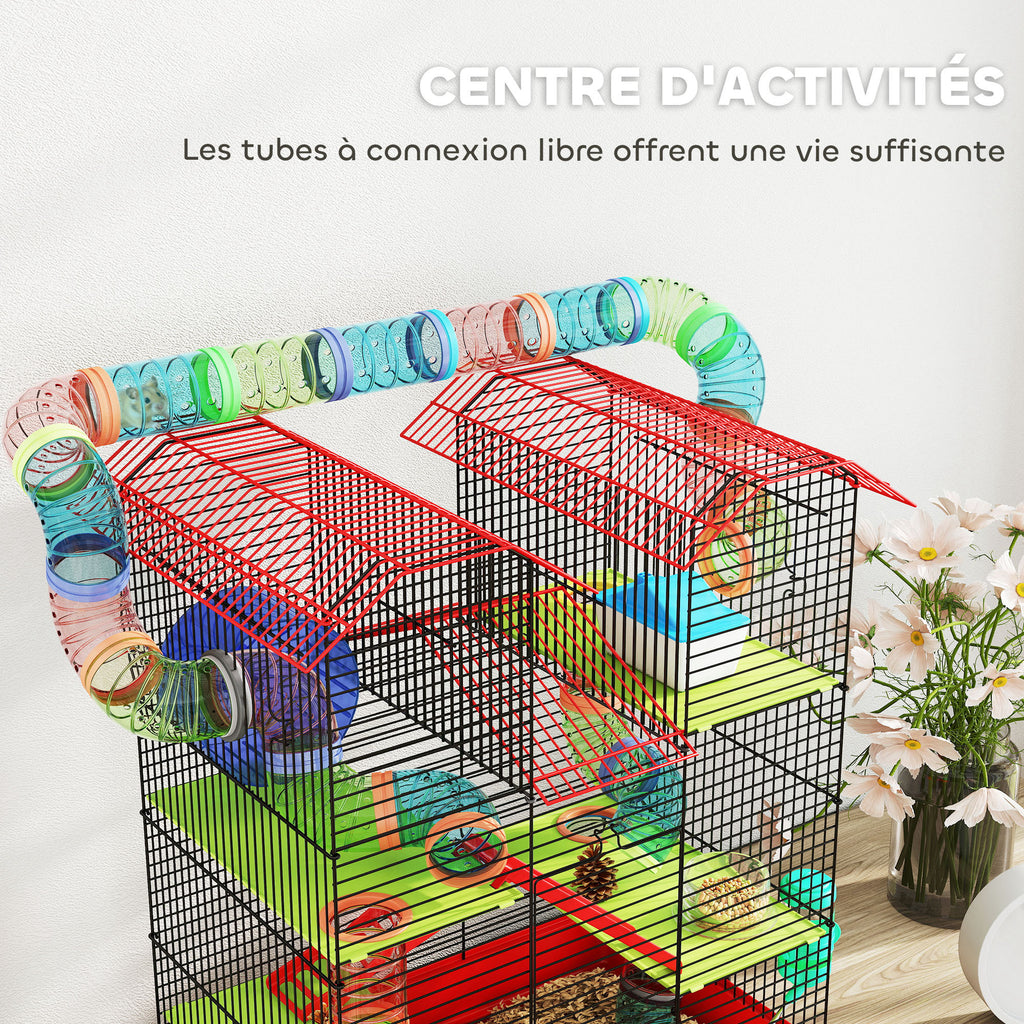 Cage for hamsters, mice, and small rodents with tunnel, feeder, wheel, and toy, 47 x 30 x 59 cm, red