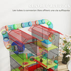Cage for hamsters, mice, and small rodents with tunnel, feeder, wheel, and toy, 47 x 30 x 59 cm, red