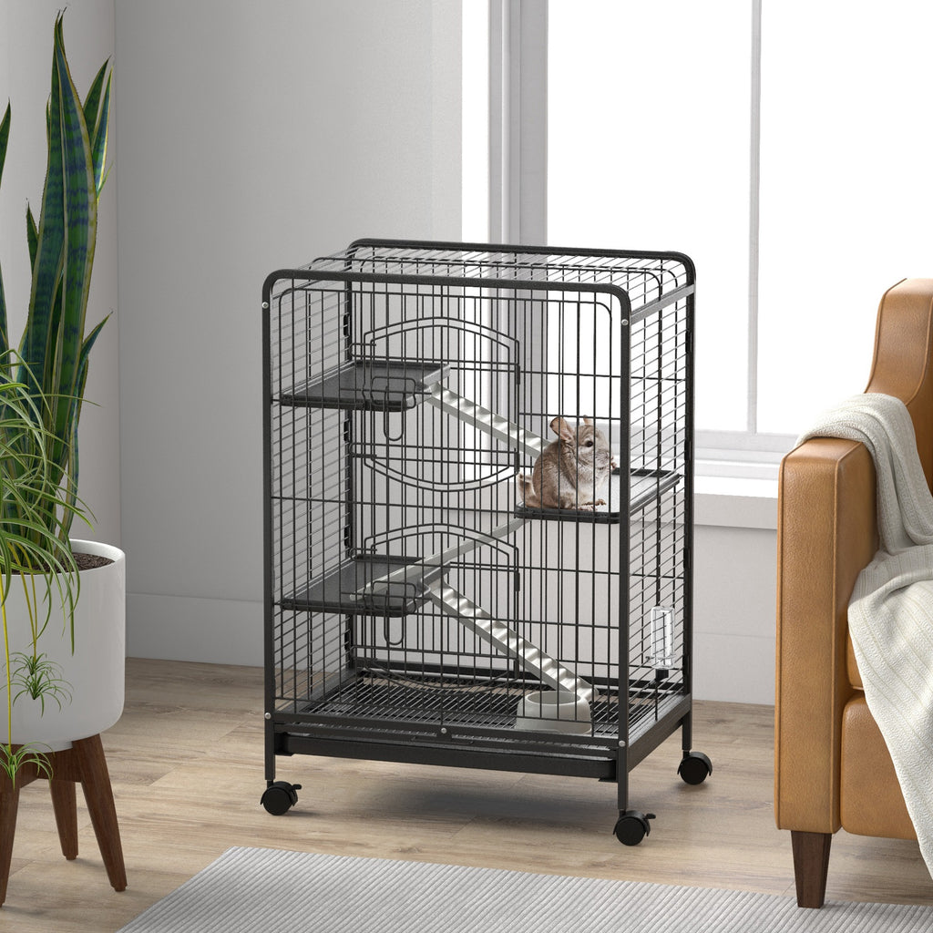 Rolling rodent cage, small animal cage with 3 ramps, 3 platforms, tray and water bottle, removable bottom tray, for rabbits, mink, chinchillas, steel, PP, 61.5x44x95cm, black
