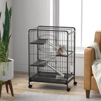 Rolling rodent cage, small animal cage with 3 ramps, 3 platforms, tray and water bottle, removable bottom tray, for rabbits, mink, chinchillas, steel, PP, 61.5x44x95cm, black
