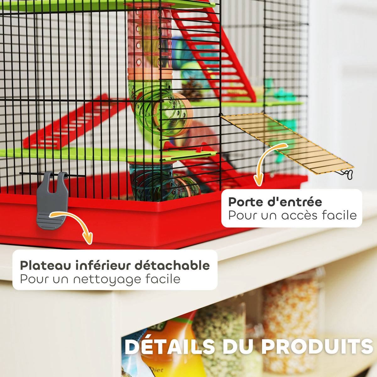 Cage for hamsters, mice, and small rodents with tunnel, feeder, wheel, and toy, 47 x 30 x 59 cm, red