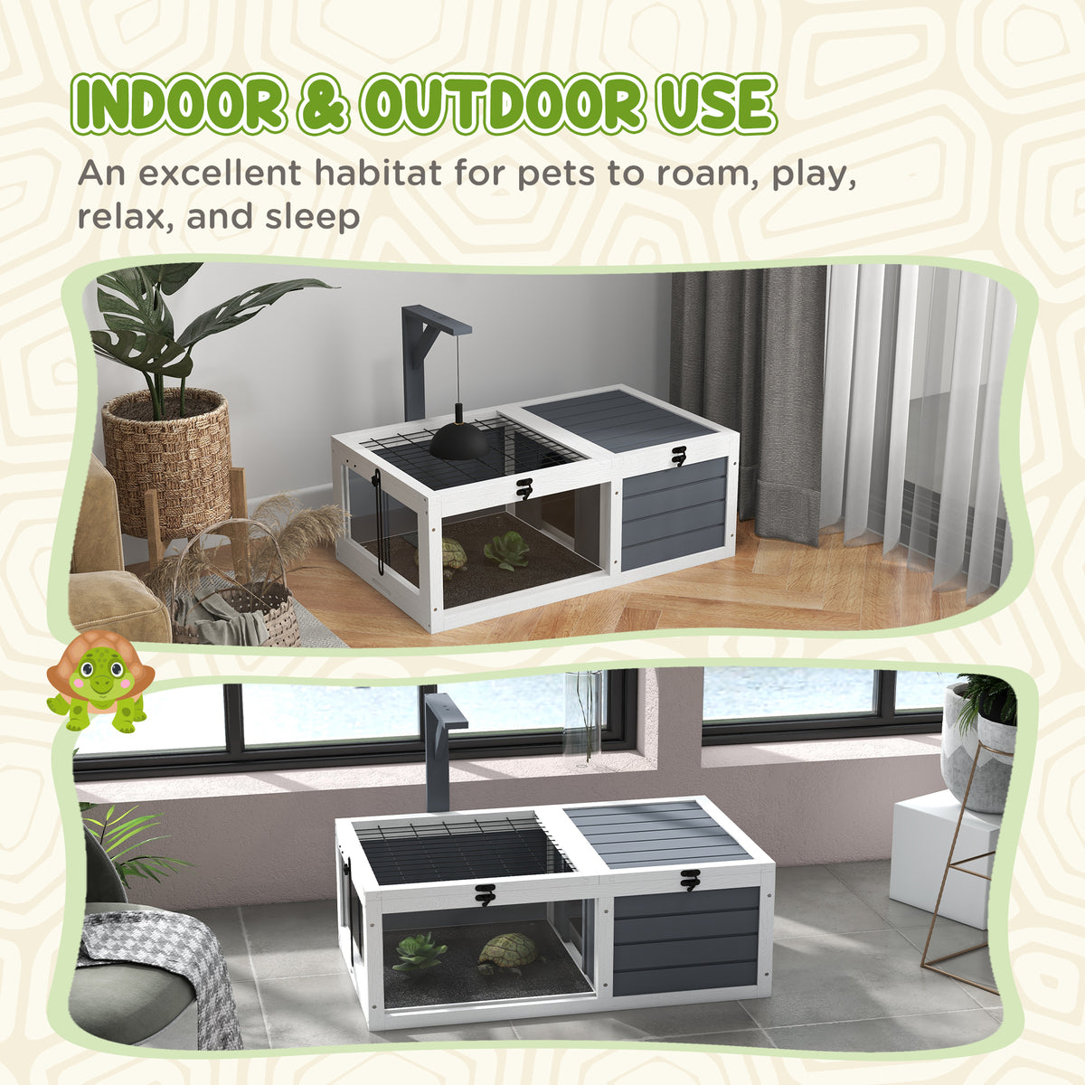 Small animal enclosure/cage for tortoises with 2 compartments and a lamp holder, 81 x 48 x 31.5 cm, grey