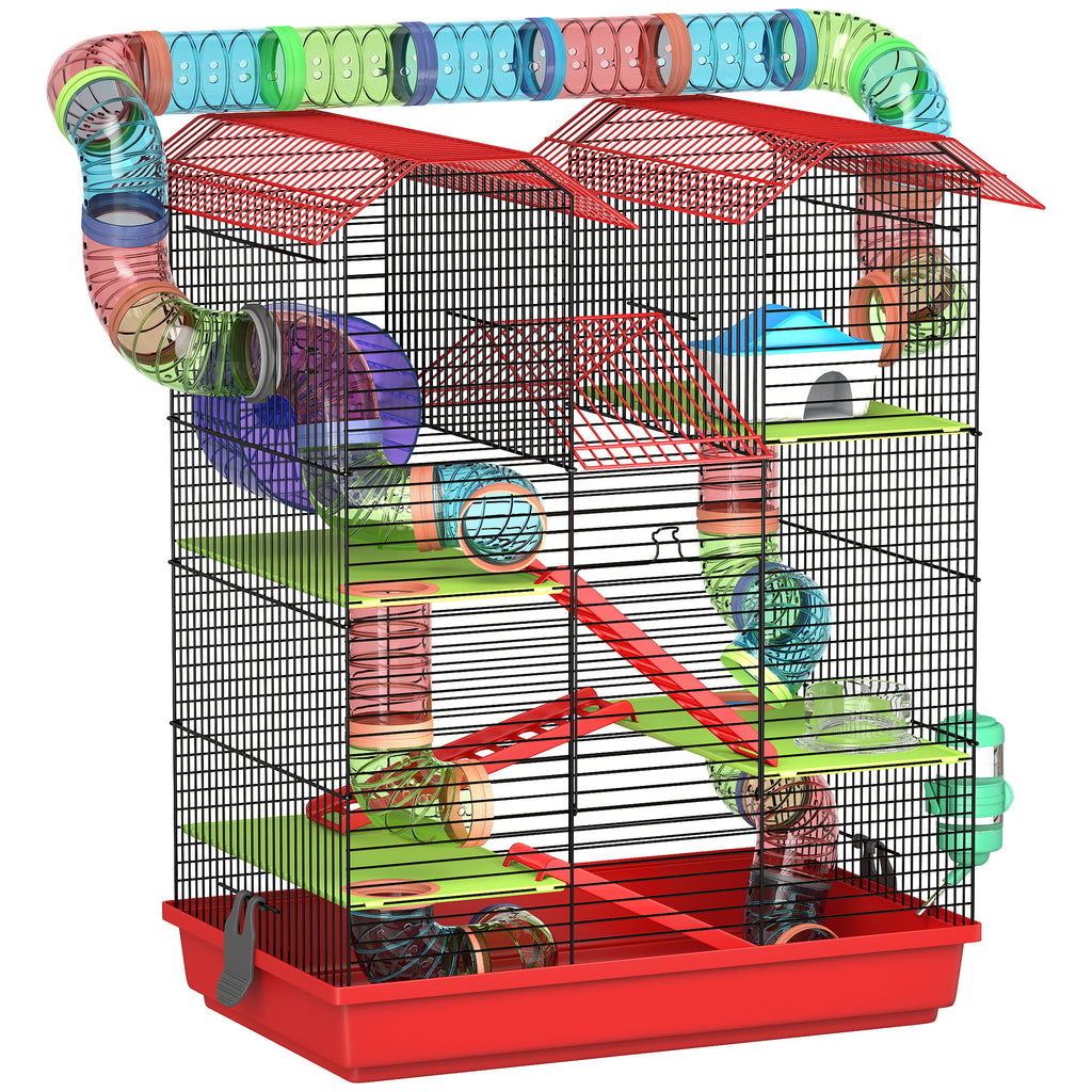 Cage for hamsters, mice, and small rodents with tunnel, feeder, wheel, and toy, 47 x 30 x 59 cm, red