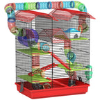 Cage for hamsters, mice, and small rodents with tunnel, feeder, wheel, and toy, 47 x 30 x 59 cm, red